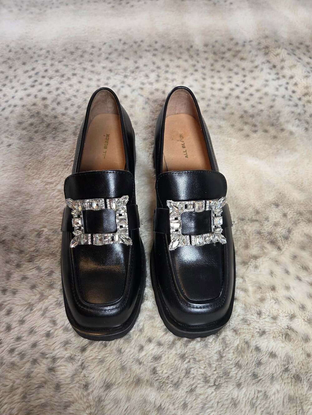 ALL BLACK Lady Bling Loafers Black Leather Crystal Rhinestone Platform